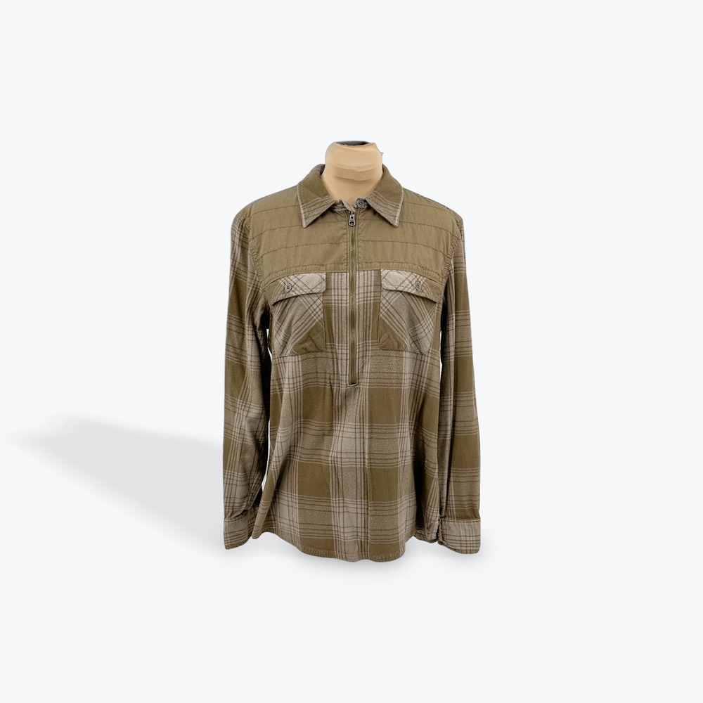 Ascend Olive Green Plaid Half Zip Up Shirt Long Sleeve Quilted Detail‎